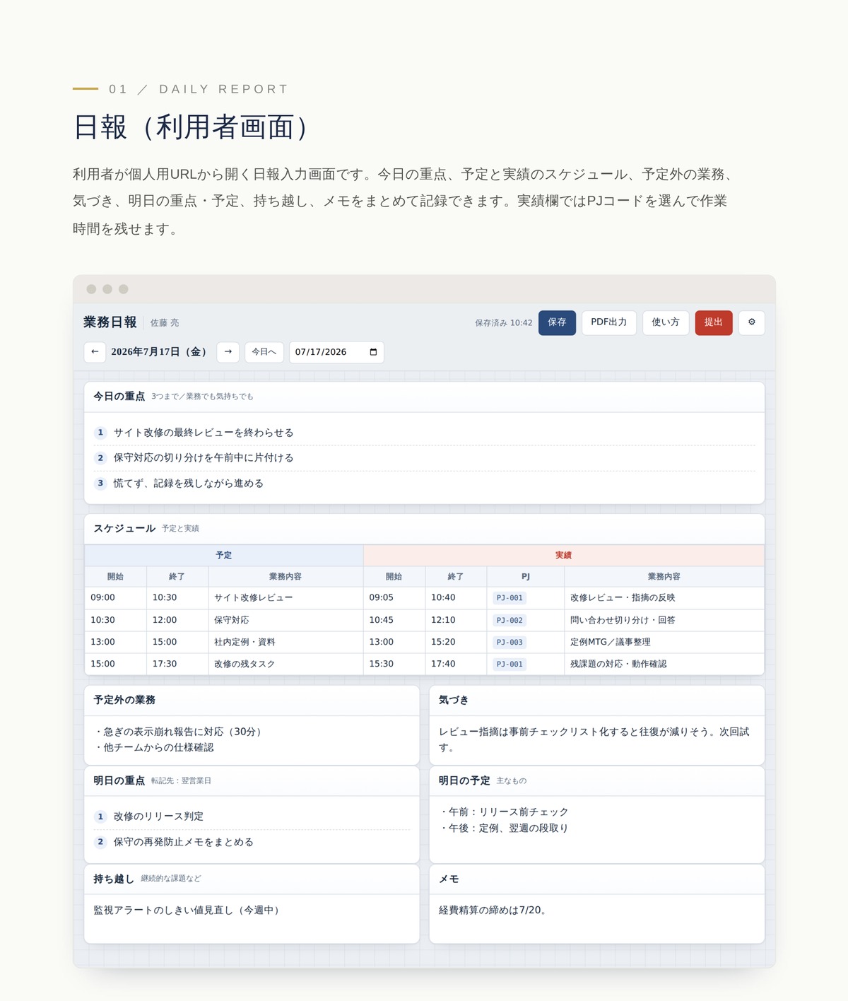 日報入力画面：今日の重点、予定と実績のスケジュール、気づき、明日の重点などをまとめて記録