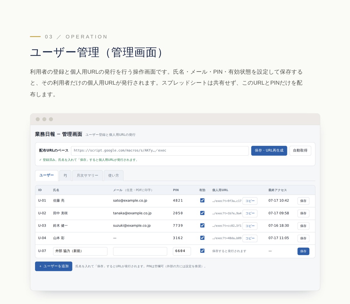 ユーザー管理：氏名・メール・PIN・有効状態を設定し、個人用URLを発行